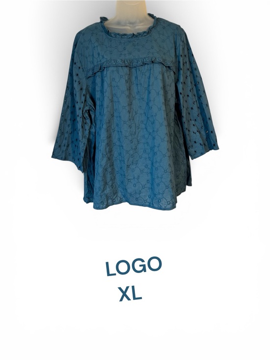 LOGO by Lori Goldstein Tops - LOGO by Lori Goldstein Teal Eyelet Ruffle Peasant Top   XLARGE   #Q